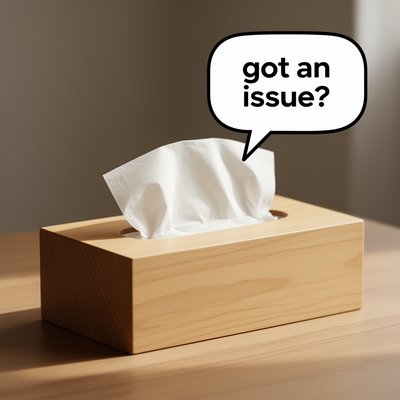 a tissue box with a speech bubble that says, got an issue?