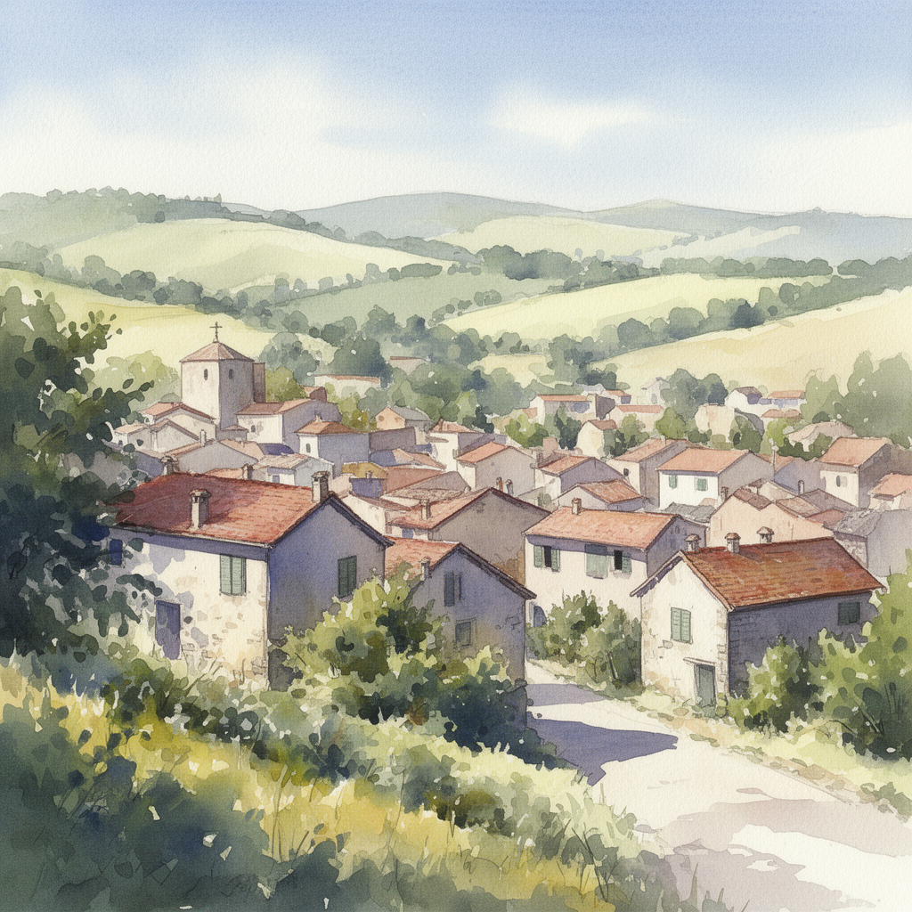 watercolor painting of a village