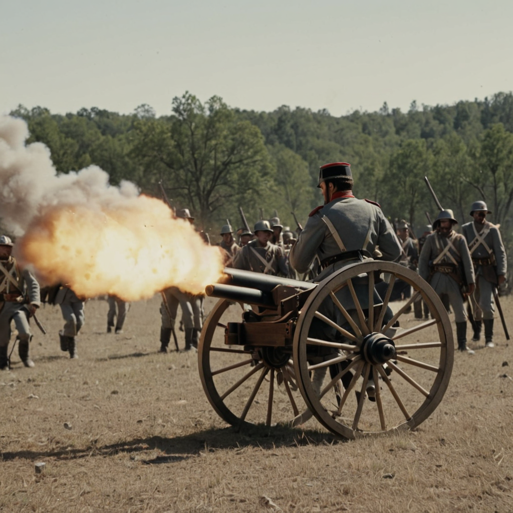 cinematic shot of a confederat soldier firing a cannon towards rushing enemy  so